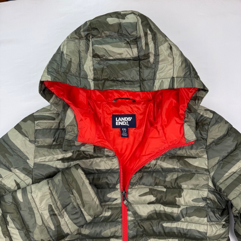Lands End Kids XXL 18-20 Camo PrimaLoft Puffer Jacket Hooded Green Orange *Flaw - Picture 2 of 8